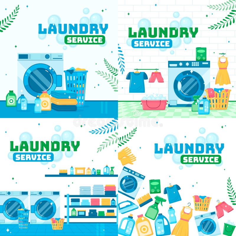 Set of illustrations of laundry service in flat design. Set of illustrations of laundry service in flat design