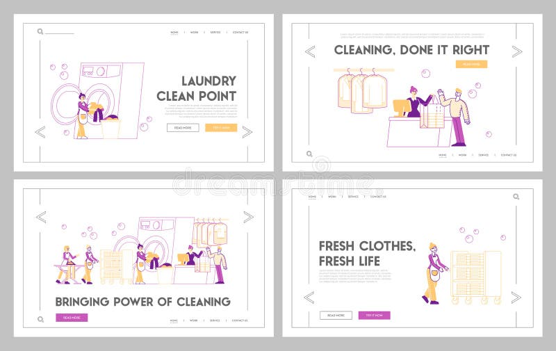 Laundry Service Landing Page Template Set. Male and Female Characters Loading Dirty Clothes to Washing Machine in Public Launderette, People Ironing Clothes, Rolling Cart. Linear Vector Illustration