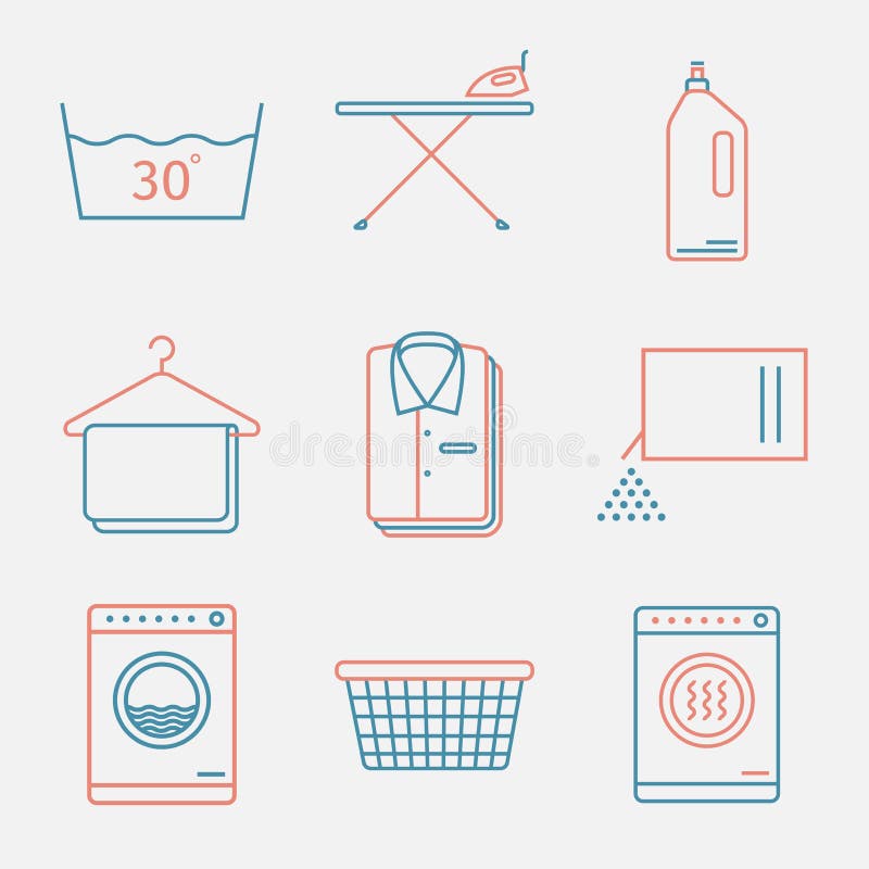 Laundry Service. Laundry. Washing. Vector thin line icon set