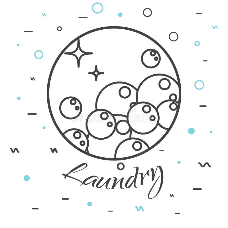 Laundry service company logo badge. Wash business label for logotype template. Soap bubbles in round line icon with signs on background. Laundry service company logo badge. Wash business label for logotype template. Soap bubbles in round line icon with signs on background.