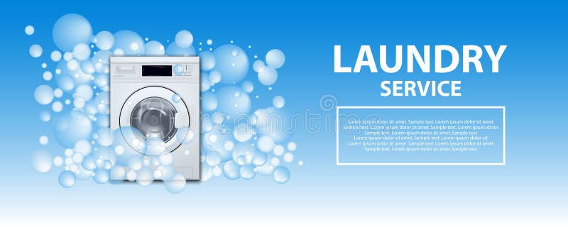 Laundry service poster or banner. Washing machine front loading background with soap bubbles. 3d realistic vector illustration. Laundry detergent advertising. Laundry service poster or banner. Washing machine front loading background with soap bubbles. 3d realistic vector illustration. Laundry detergent advertising