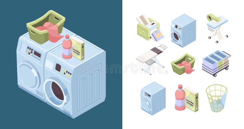 Laundry service. Powder detergent iron soap towel cleaning isometric washes tools vector. Illustration laundry and household, housework service, cleaning washing