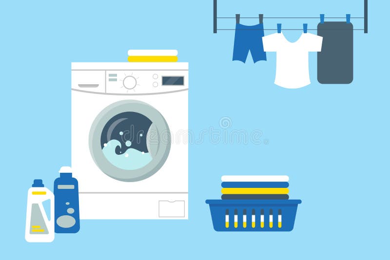 Washing machine with cleanser and clean clothes. Laundry service room vector illustration.