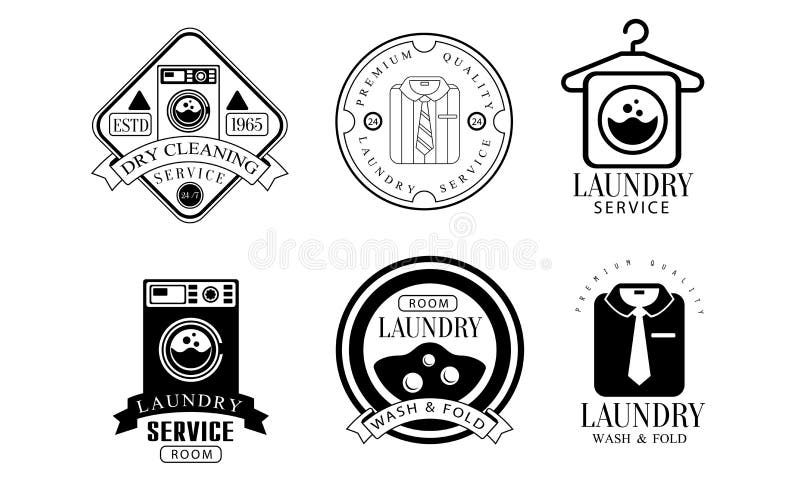 Laundry Service Room, Wash and Fold Labels Set, Dry Cleaning Monochrome Vintage Badges Vector Illustration on White Background.