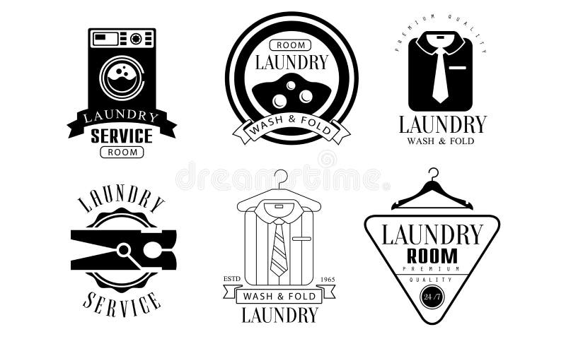 Laundry Service Room, Wash and Fold Labels Set, Laundry Service Vintage Badges Monochrome Vector Illustration