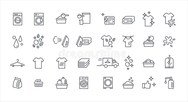 Laundry service thin vector set, housework washing outline template