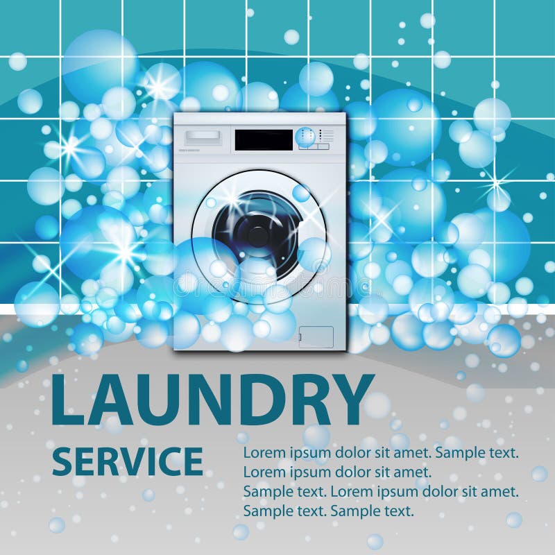 Laundry service turquoise banner or poster. Washing machine front loading in empty laundry room background with soap bubbles. 3d realistic vector illustration. Front view, close-up, closed door