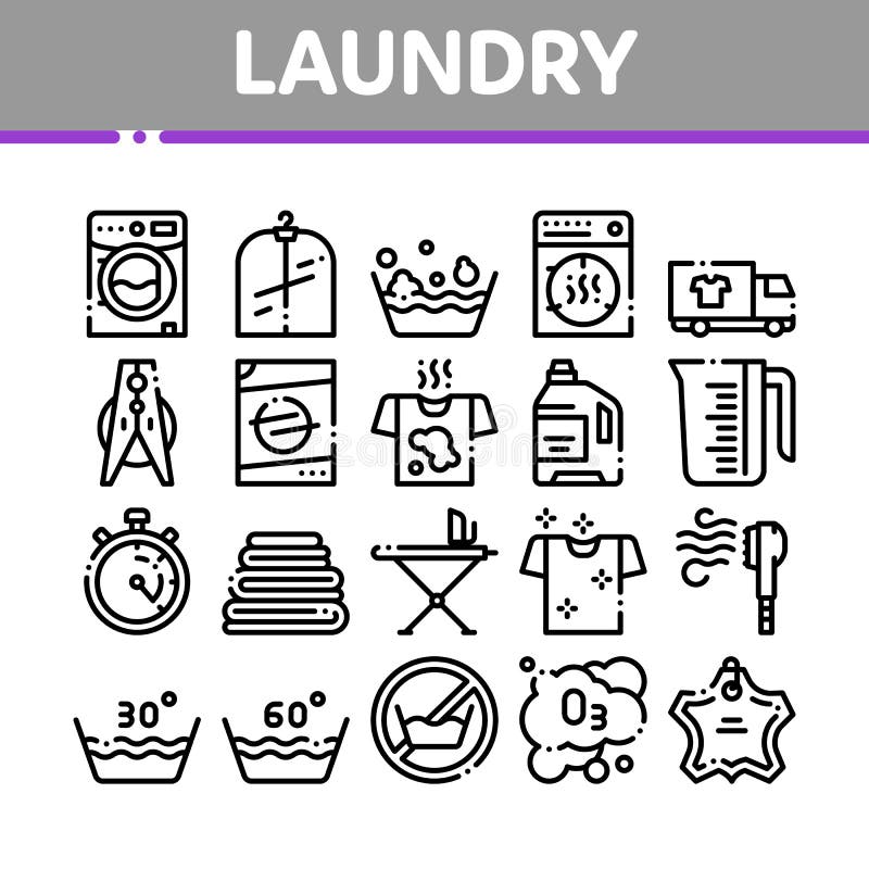 Laundry Service Vector Thin Line Icons Set. Laundry Service, Washing Clothes Linear Pictograms. Laundromat, Dry-Cleaning, Launderette, Stain Removal, Ironing Color Contour Illustrations