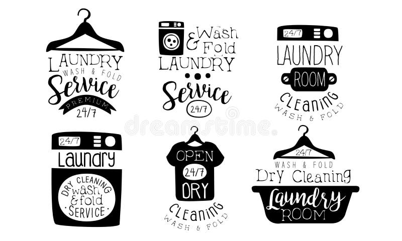 Laundry Service, Wash and Fold Labels Set, Dry Cleaning Laundry Room Vintage Hand Drawn Badges Monochrome Vector