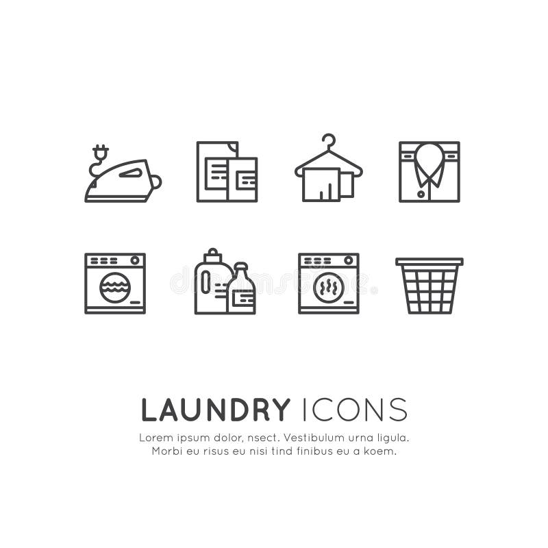 Vector Icon Style Illustration Logo Set Collection of Laundry Service, Washing and Cleaning Up Clothes, Dry Cleaning, Drying, Ironing and Household Care, Isolated Web Collection