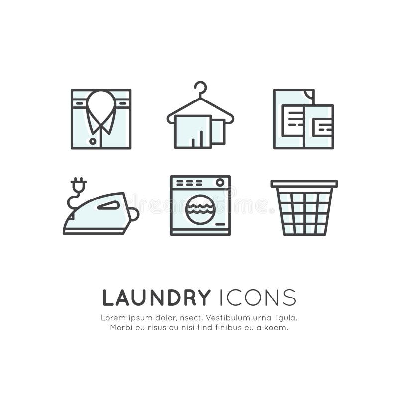 Vector Icon Style Illustration Logo Set Collection of Laundry Service, Washing and Clening Up Clothes, Dry Cleaning, Drying, Ironing and Household Care, Isolated Web Collection