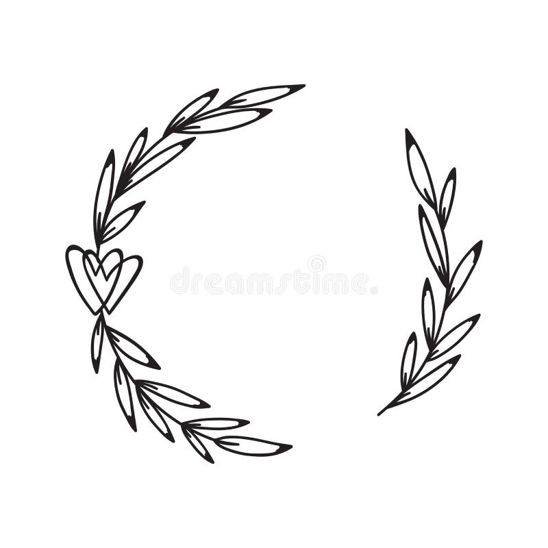Laurel wreath with heart. Hand drawn floral frame with leaves.