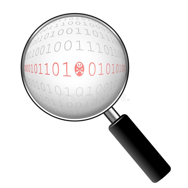 Malicious binary code under magnifying glass. Malicious binary code under magnifying glass