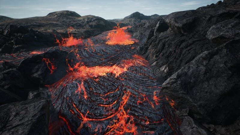Lava che scorre dall'eruzione della lava del vulcano rappresentazione 3d immagine stock Lava che scorre dall'eruzione della lava del vulcano rappresentazione 3d immagine stock
