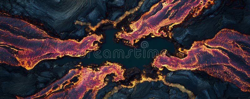 Lava flows intertwining over a volcanic landscape at twilight with glowing embers illuminating the dark surface royalty free stock images