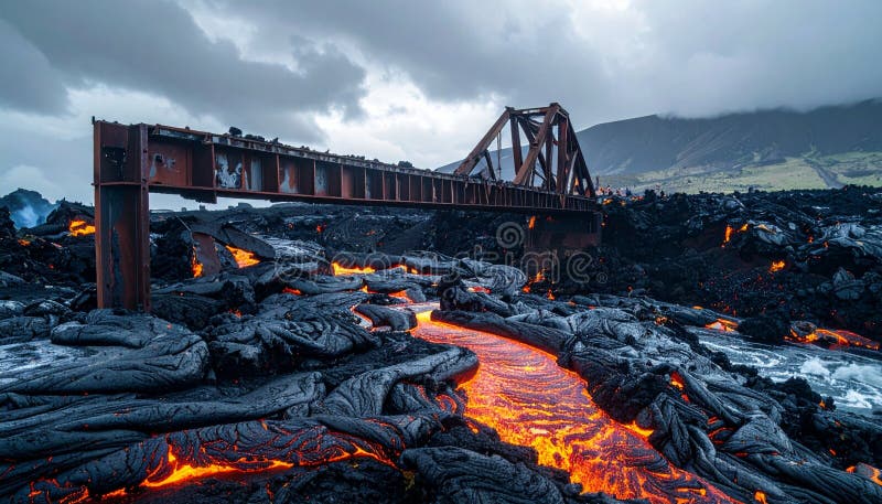 Lava River Flows Under Abandoned Railway Bridge royalty free illustration