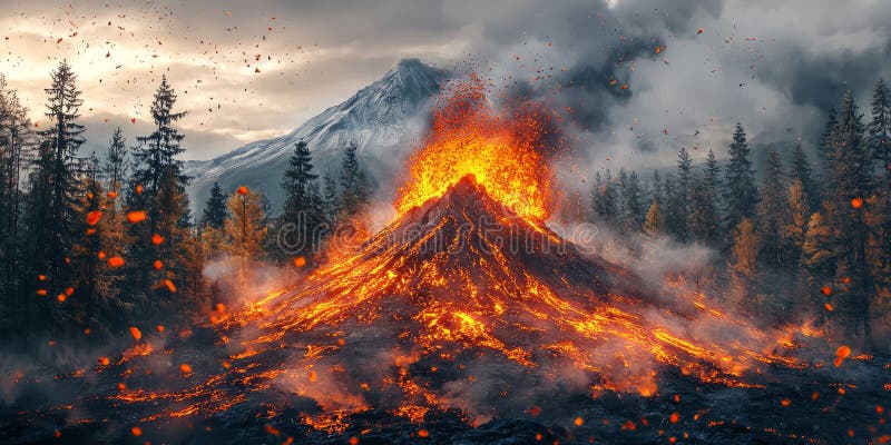Lava swallowing a forest as a volcano erupts violently, glowing embers floating in the air royalty free stock photos