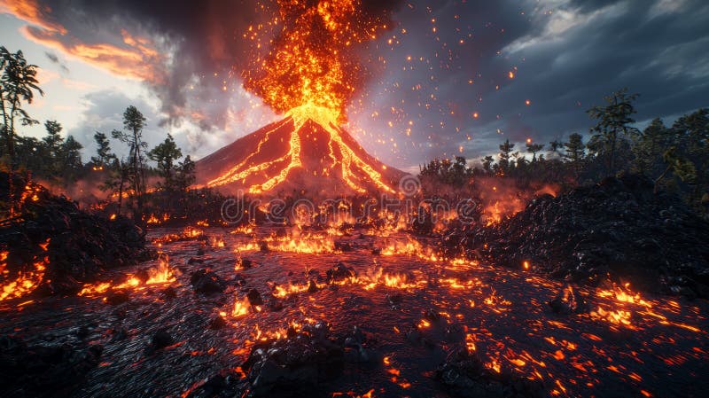 Lava swallowing a forest as a volcano erupts violently, glowing embers floating in the air royalty free stock photo