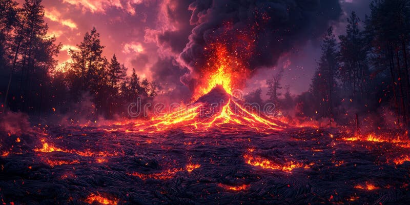Lava swallowing a forest as a volcano erupts violently, glowing embers floating in the air stock photography
