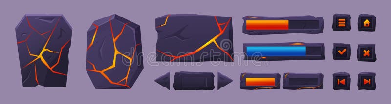 Lava ui game elements. Cracked stones buttons with hot magma flows. Volcanic rocks textures. Web interface menu design, progress royalty free illustration