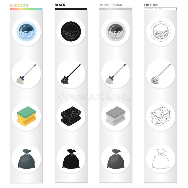Window washing machine, mop, cleaning sponge, package with garbage. Cleaning set collection icons in cartoon black monochrome outline style vector symbol stock illustration . Window washing machine, mop, cleaning sponge, package with garbage. Cleaning set collection icons in cartoon black monochrome outline style vector symbol stock illustration .