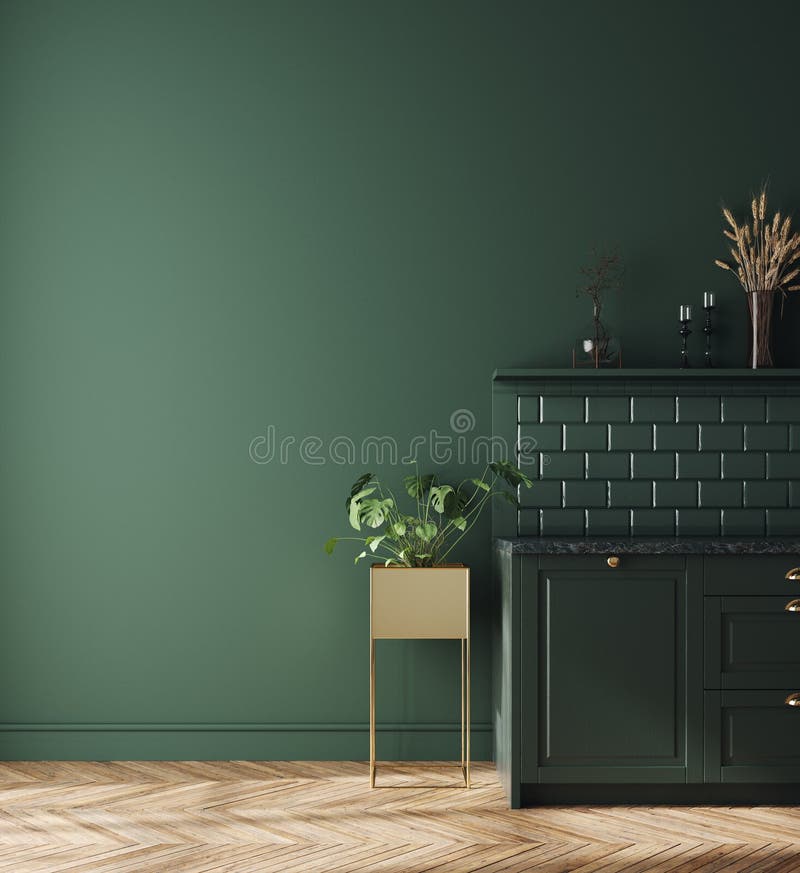 Lavastoviglie moderne e di colore verde scuro per interni, muri in fiamme