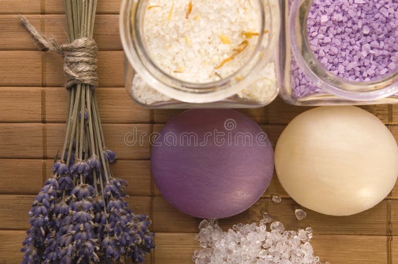 Lavender bath items. salt, towels, soaps and flowers. aromatherapy. Lavender bath items. salt, towels, soaps and flowers. aromatherapy