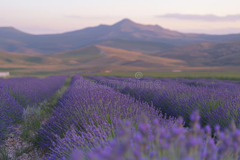 Lavendelblumen in Blautönen über einem ruhigen Sommerhof lizenzfreies stockfoto