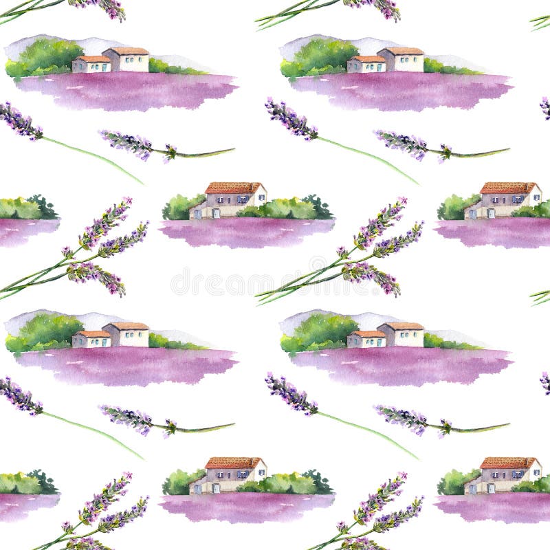 Lavendelgebied, landelijk provencal huis in de Provence, Frankrijk Naadloze Achtergrond watercolor stock illustratie Lavendelgebied, landelijk provencal huis in de Provence, Frankrijk Naadloze Achtergrond watercolor stock illustratie