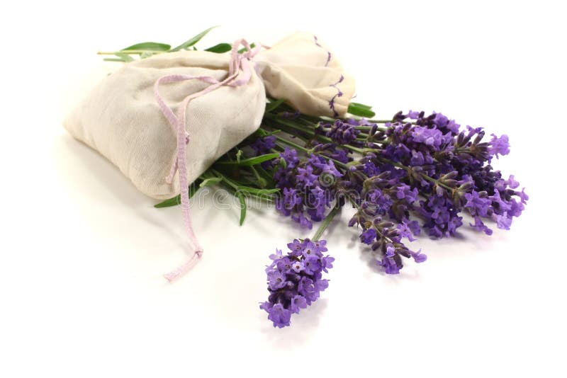 Lavender bag with purple flowers and green leaves on a light background. Lavender bag with purple flowers and green leaves on a light background