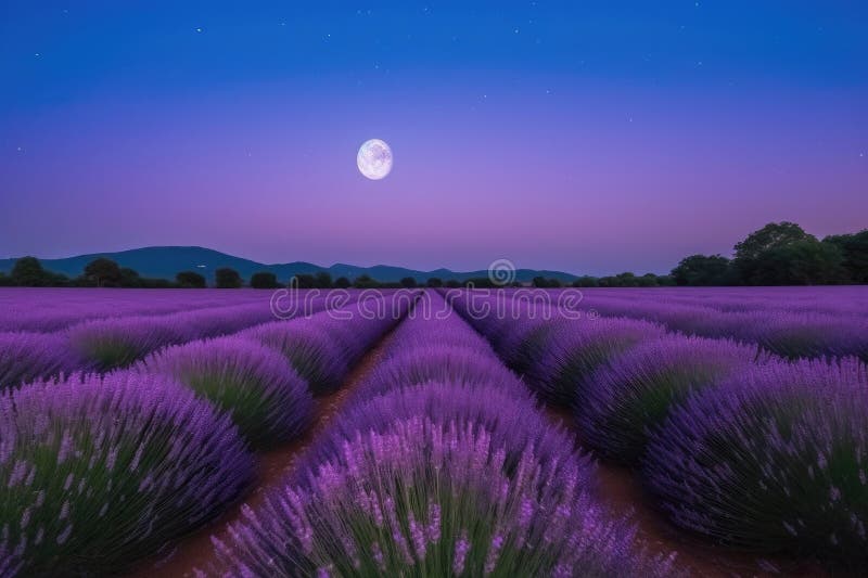 Lavender Field with Crescent Moon in the Sky during the Night Stock ...