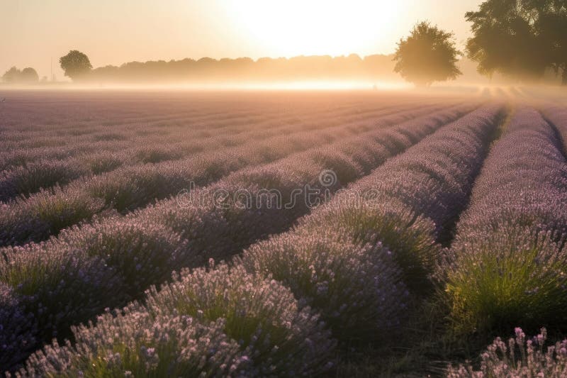 Lavender Field in the Mist, with Sun Peeking through Stock Image
