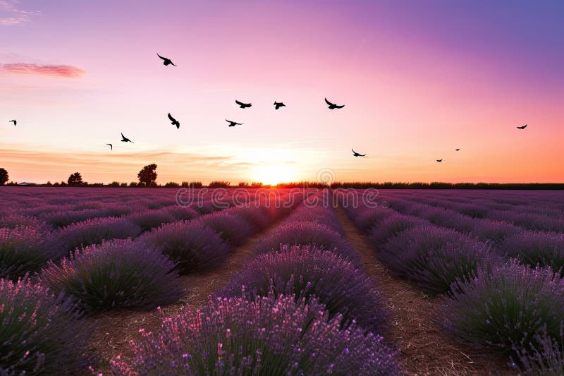 Lavender Field in the Sunset, with a Flock of Birds Flying Above Stock
