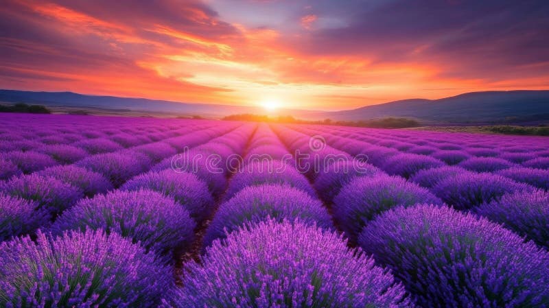 Lavender Field at Sunset with Sunbeams Shining Through stock illustration