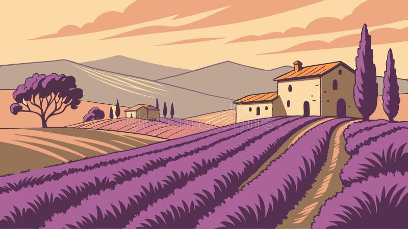 Lavender field and villa Rural estate francuski wektor krajobrazowy Generative AI ilustracji
