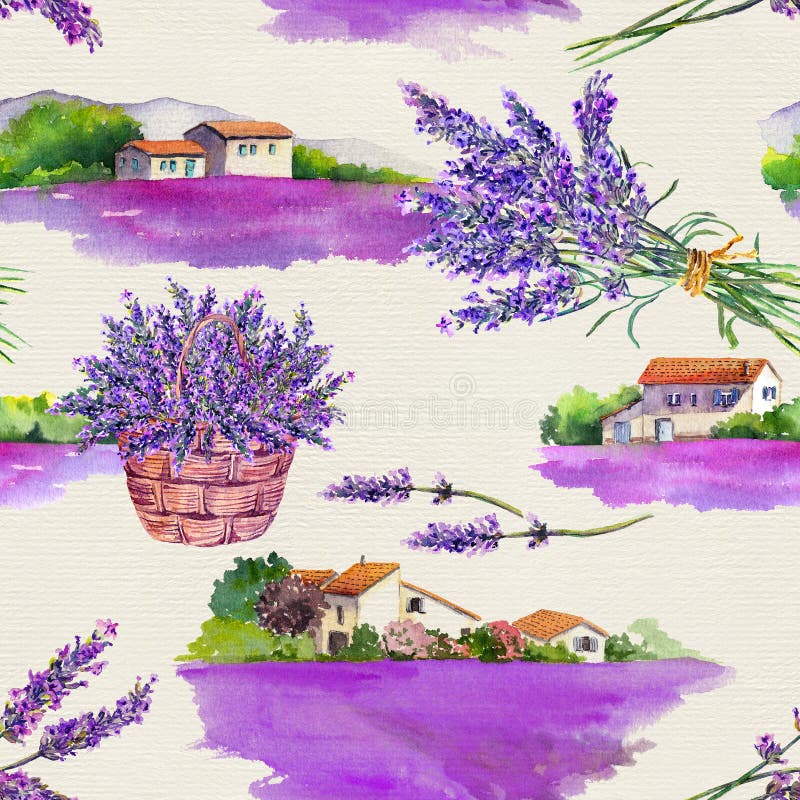 Lavender flowers field, bouquets, rural village houses. Watercolor in vintage provencal style. Seamless pattern on paper vector illustration