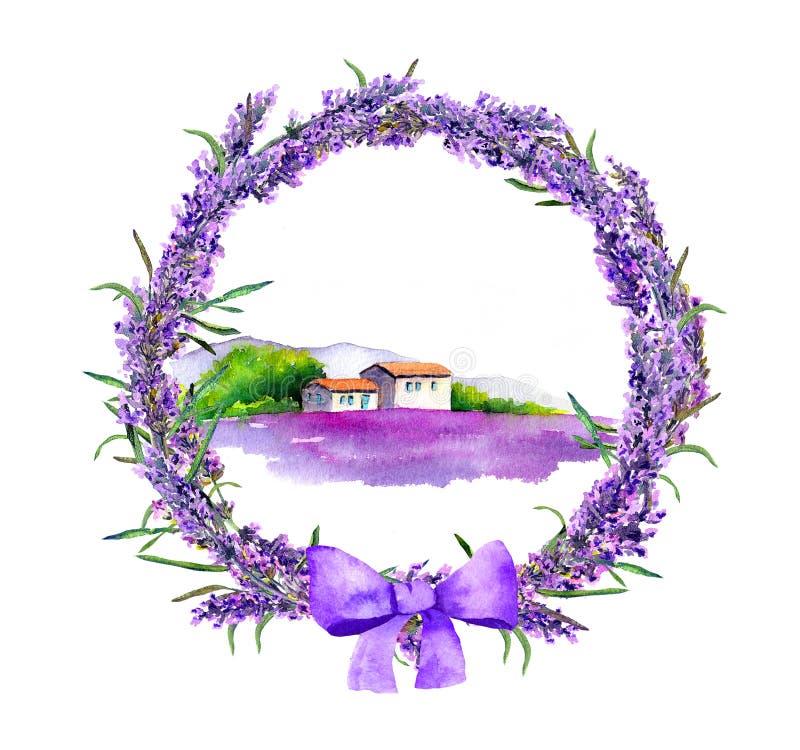 Lavender flowers field in floral wreath, farm house, violet meadow. Watercolor royalty free illustration