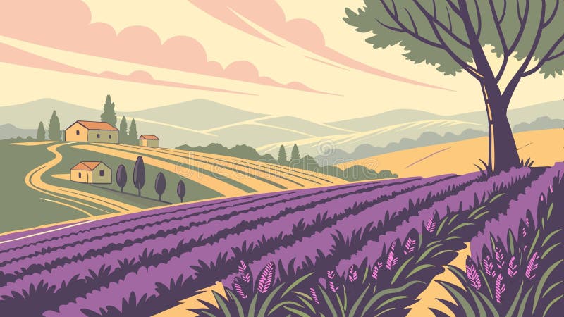 Lavender pole krajobraz zachód słońca Prowansja piękna Francuski krajobraz wektor kwiatowy Generative AI ilustracja wektor