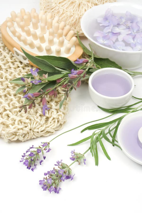 Lavender, sage and spa massage set stock photo