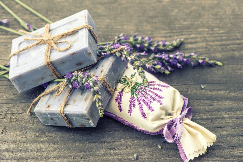 Lavender soap and scented sachets with fresh flowers