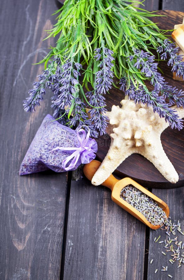Lavender Spa Setting. Wellness Theme with Lavender Products. Stock
