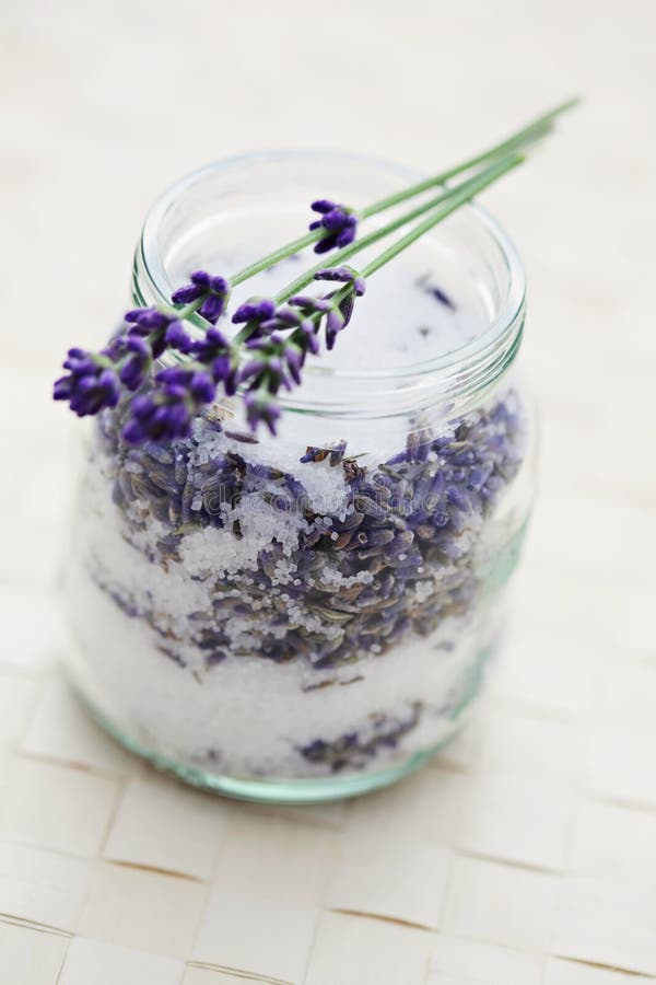 Jar of lavender sugar with fresh flowers - sweet food