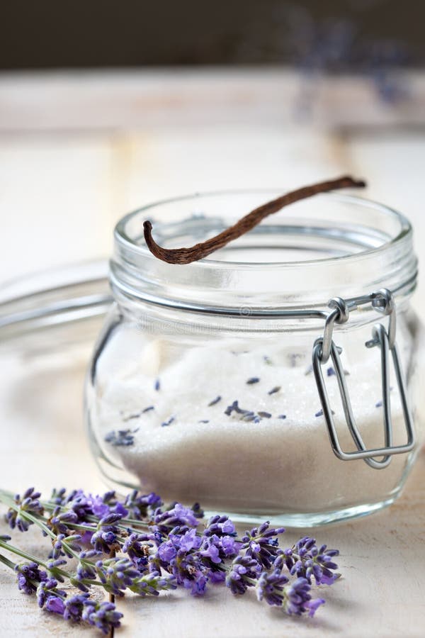 Vanilla pod on jar with lavender sugar, fresh lavender on a light wooden background. Vanilla pod on jar with lavender sugar, fresh lavender on a light wooden background