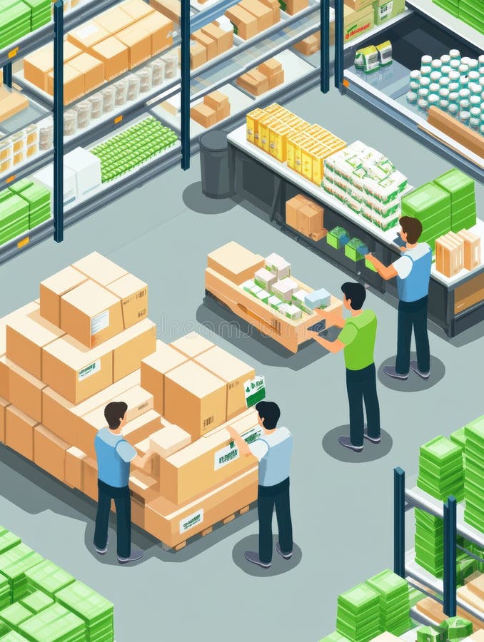 Lavoratori che ordinano generi alimentari in un moderno magazzino isometrico con scatole impilate e prodotti freschi Generative AI immagini stock libere da diritti