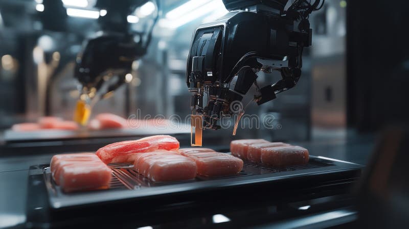 Lavorazione avanzata di carne a braccio in un futuristico laboratorio high tech royalty illustrazione gratis