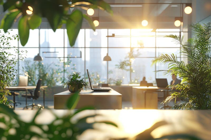 Lavori all'interno di uffici moderni ed ecologici con pannelli in vetro, luce naturale e design minimalista royalty illustrazione gratis
