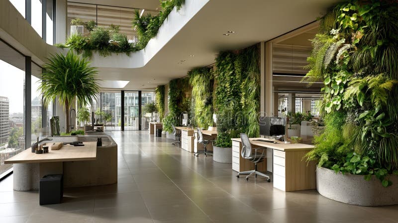 Lavori moderni con giardino verticale per interni e design biofilo per aumentare la produttività royalty illustrazione gratis