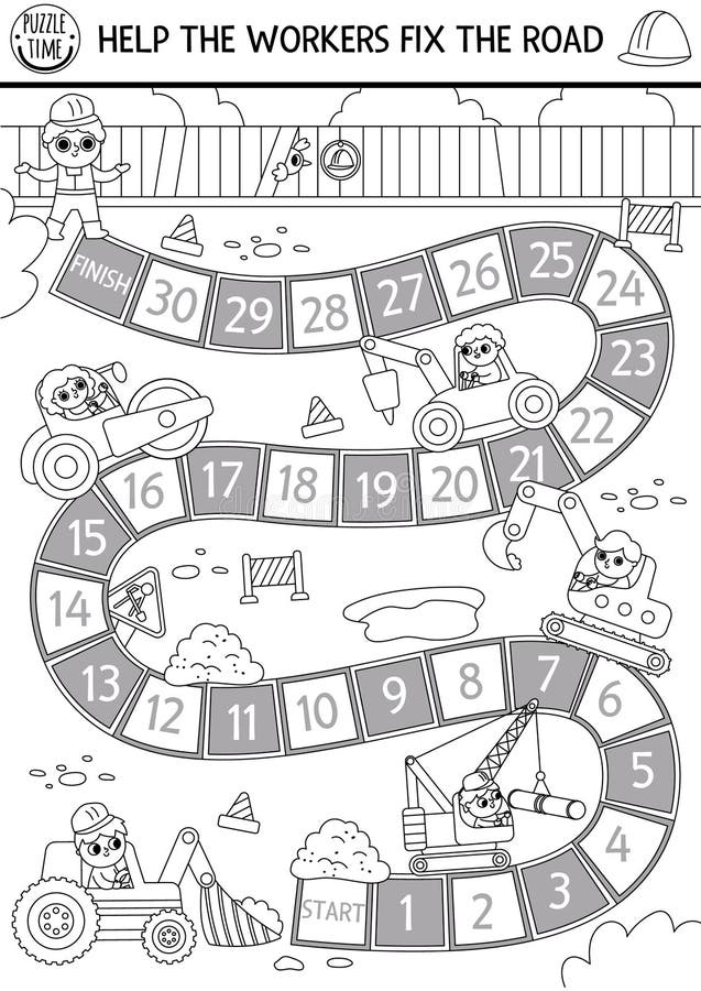 Lavori stradali in bianco e nero: gioco a dadi per bambini con conducenti bambini che trasportano una gru a rullo compressore. can royalty illustrazione gratis
