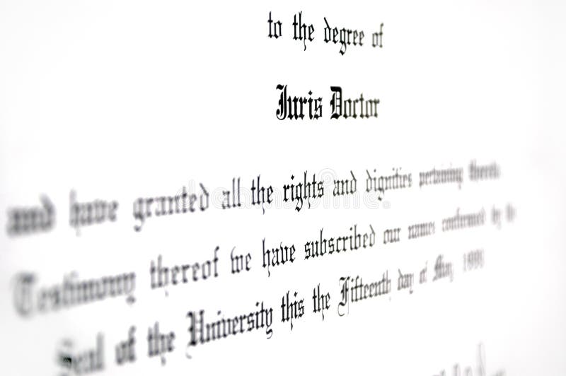 Close up of Juris Doctorate law degree certificate