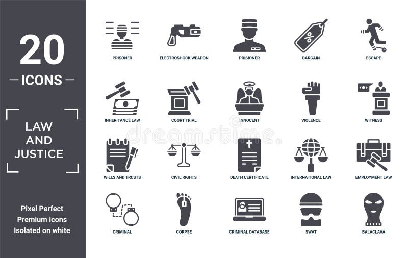 Law. and. justice icon set. include creative elements as prisoner, escape, violence, death certificate, corpse, wills and trusts vector illustration